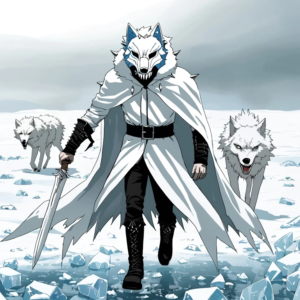 Prompt: A man in a white cloak with a dagger in there hand and is wearing a white wolf mask and black boots in an arctic environment whith spikes of ice coming at him from behind hind him in a way the looks a little chaotic