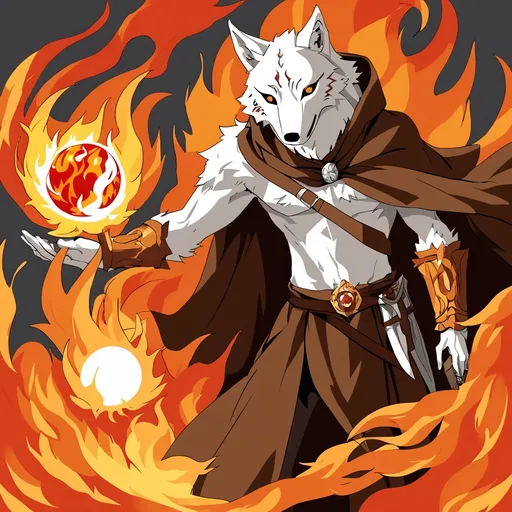 Prompt: A figure wearing a amber brown wolf mask and an amber brown cloak with there left arm out palm up with a fire ball floating above it and a dagger in there right arm and a white wolf next to them