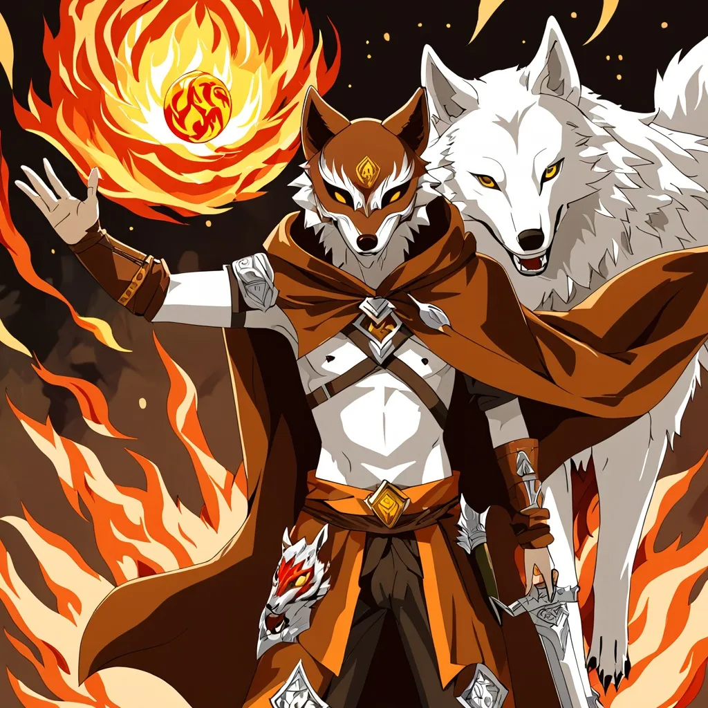 Prompt: A figure wearing a amber brown wolf mask and an amber brown cloak with there left arm out palm up with a fire ball floating above it and a dagger in there right arm and a white wolf next to them