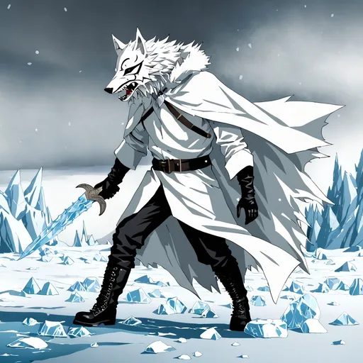 Prompt: A man in a white cloak with a dagger in there hand and is wearing a white wolf mask and black boots in an arctic environment whith spikes of ice coming at him from behind hind him in a way the looks a little chaotic