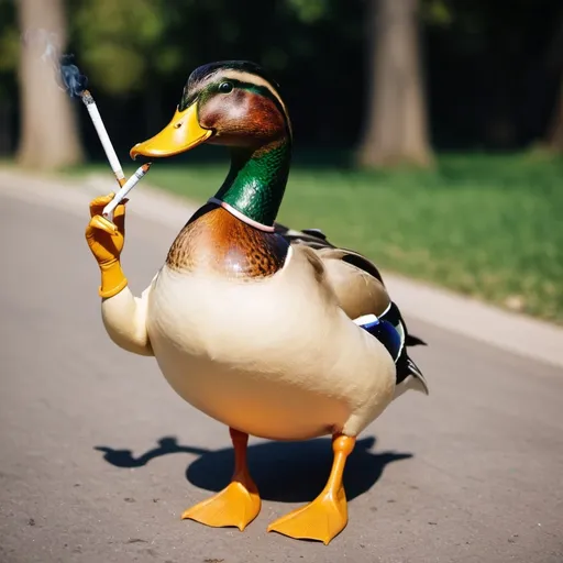 Prompt: duck holding cigarette by hand