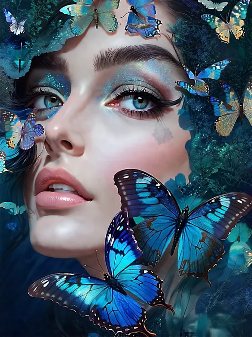 Prompt: a woman with blue butterflies around her face and eyes, with a blue background and a blue butterfly on her face, Anne Stokes, fantasy art, behance hd, a photorealistic painting