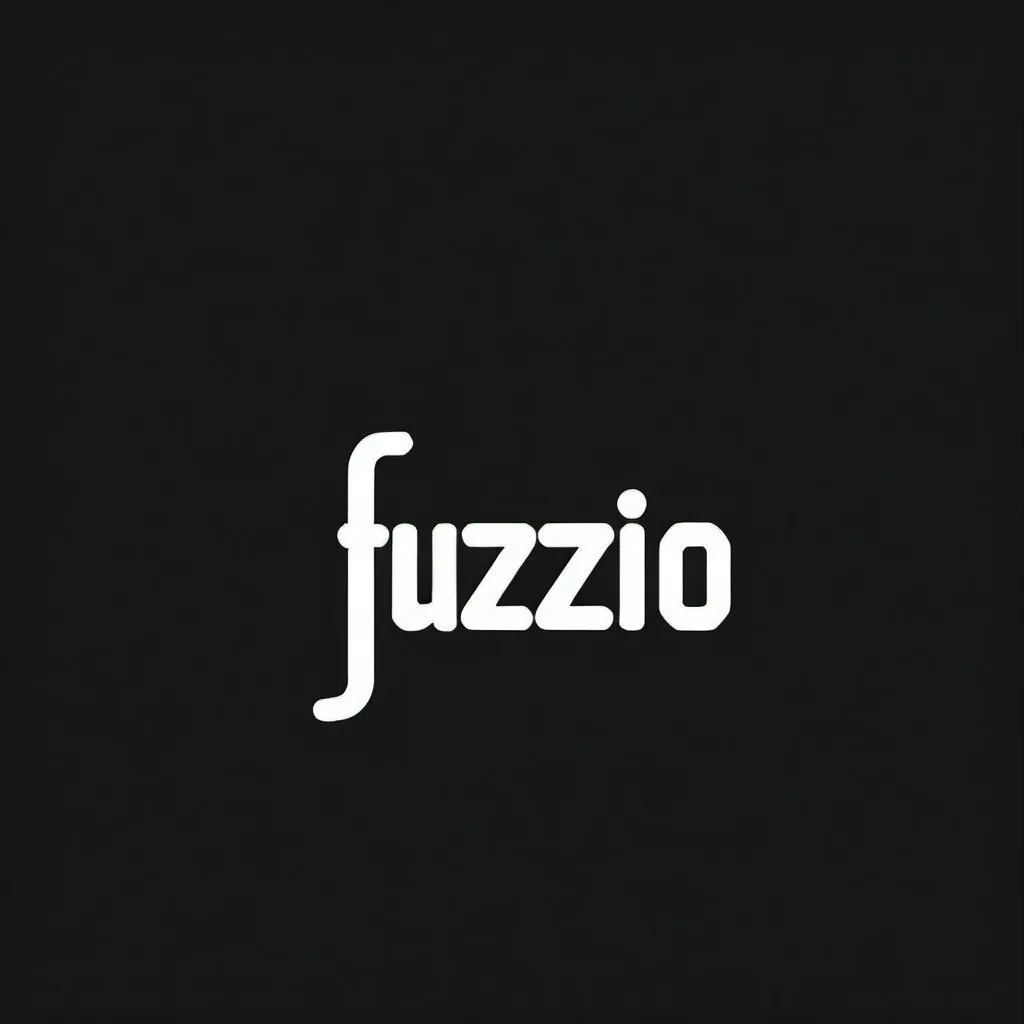 Prompt: a logo with the word fuzzio, in black background and white font