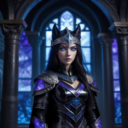 Prompt: Cinematic photograph, warrior princess in black and purple royal armor, engraved with runes, night-sky cape, silver tiara on helmet, standing in grand magical castle hall, marble pillars with bluish glow, polished obsidian floor, soft diffused lighting, rim lighting for armor highlights, slightly low camera angle, shot on ARRI ALEXA 65 with 50mm lens, jet-black wolf with glowing blue eyes, protective stance, mystical mist, stained-glass windows with symbols, soft moonlight