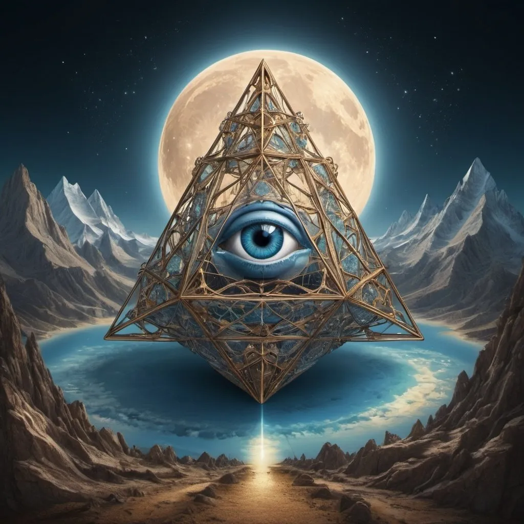 Prompt: A fractal pyramid birthing a dodecahedron. Intricate web structures netting everything together. Molecules linked to mathematical symbols. A mystic third eye. An infinite path between mountain peaks under  full moon. Asymmetrical. Psychedelic. In the style of Dali