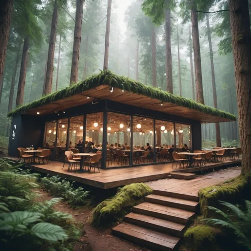 Prompt: a beautiful cafe in the middle of a forest, for a tech nomads and freelancers. The forest is very deep. The cafe is very advanced.