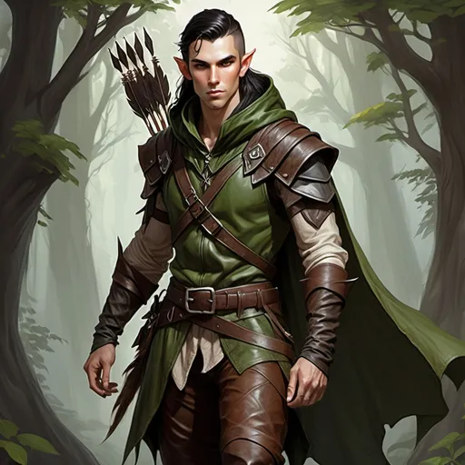 Prompt: dungeons and dragons fantasy art Tall and thin Male Elf ranger with braided black hair, brown leather pants with a green tunic and a sleeveless leather vest. Has a worn brown hooded cloak and a long bow with grey feathered arrows