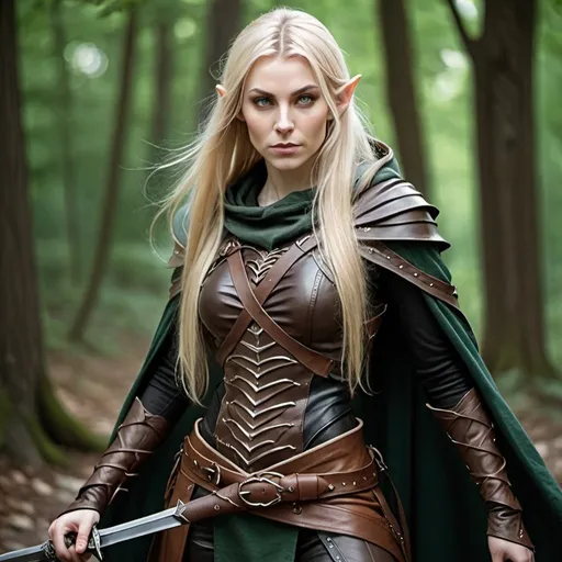 Prompt: Female elven rogue with long blonde hair in tight leather armor, hooded cloak and a sheathed sword