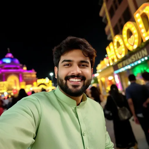 Prompt: A cheerful individual poses for a selfie, wearing a light green traditional outfit adorned with intricate patterns, complemented by a neatly groomed beard and a warm smile. The backdrop suggests a lively outdoor setting with illuminated buildings, creating a vibrant atmosphere against the night sky. Soft lighting enhances the inviting mood, while the word "MOOD" with a heart graphic adds a playful touch to the image. The angle captures a sense of intimacy, focusing on the subject's friendly expression as they enjoy the festive ambiance around them.