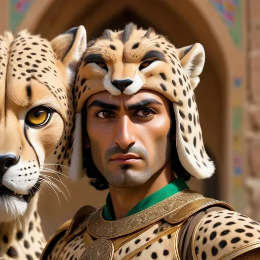 Prompt: An Iranian warrior man with a mythical costume and a combination of Iran's national animal, the cheetah 