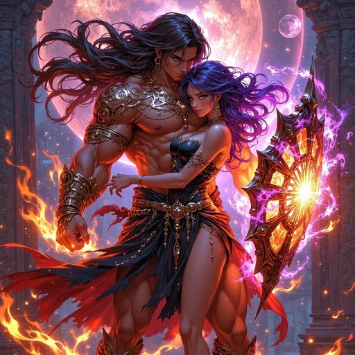 Prompt: (big muscular tarzan inspired looking man with a floating magic shield), (block the attack), long flowing brown hair, flames swirling around waist and shoulders, dynamic pose, shield radiating intense energy with a giant beam bursting forth, dramatic lighting casting shadows, vibrant colors of red and orange flames, high depth cinematic masterpiece, ultra-detailed, epic atmosphere permeating the scene, powerful and heroic vibe. hugging and protecting a beautiful mage woman with purple hair and purple glowing magic powers, under a sun and purple moon