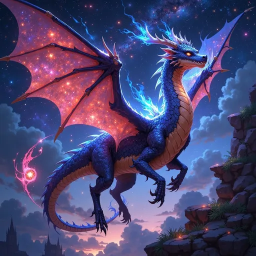 Prompt: Galaxy colored dragon flying under the stars 