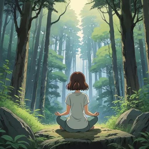 Prompt: 2d studio ghibli anime style, girl meditating in forest anime scene 