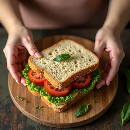 Prompt: create an top down shot image focusing on the sandwiches that is preparing by a girl