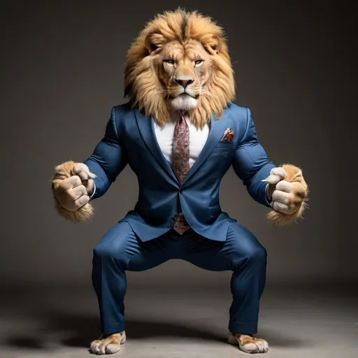 Prompt: A body building lion wearing suit with lion hands

