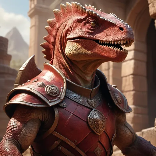 Prompt: (hyper-realistic humanoid dinosaur lizard character wearing a maul and shield), dnd, fantasy character art, illustration, breathtaking detail, warm tone, dramatic lighting, intricate character details, intense gaze, powerful aura, enchanted atmosphere, otherworldly background with ancient ruins and mystical symbols, rich reds and golds, high contrast, ultra-detailed, 4K resolution magic the gathering style
