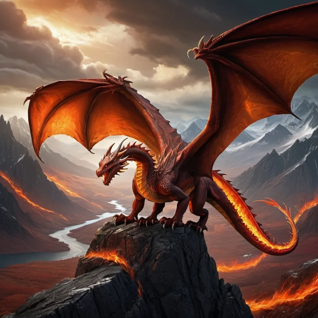 Prompt: (Dragons), artwork, majestic and fierce, ultra-detailed, vivid colors with dominant deep reds, fiery oranges, and shimmering golds, in-flight over a rugged mountainous landscape, dramatic lighting with strong contrasts, dynamic and powerful poses, expansive wings, detailed scales glistening, dark stormy sky, ominous atmosphere, high depth, cinematic masterpiece, mythical fantasy scene, rugged terrain, epic and intense, 4K.