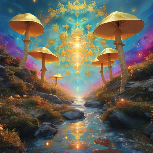 Prompt: golden teacher mushrooms, (sacred geometry), (cosmic background), ethereal atmosphere, mystical glow, vibrant colors, intricate patterns, dreamlike scene, high contrast, luminescent details, serene ambiance, ultra-detailed, mesmerizing design, celestial elements, harmony of colors, otherworldly vibes, 4K quality.