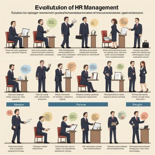 Prompt: evolution of hr management pictorial representation in english with more pictures and less text 