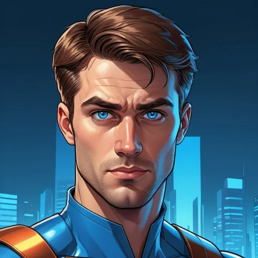 Prompt: Superhero cartoon of a 30-year-old tech support agent man, sharp jawline, brown hair, piercing blue eyes, high-quality 2D digital art, vibrant and dynamic style, bright and energetic color palette, heroic stance, futuristic tech gadgets, professional comic book illustration, detailed facial features, intense and focused gaze, vibrant tones, dynamic lighting, heroic theme, blue-eyed superhero, futuristic setting