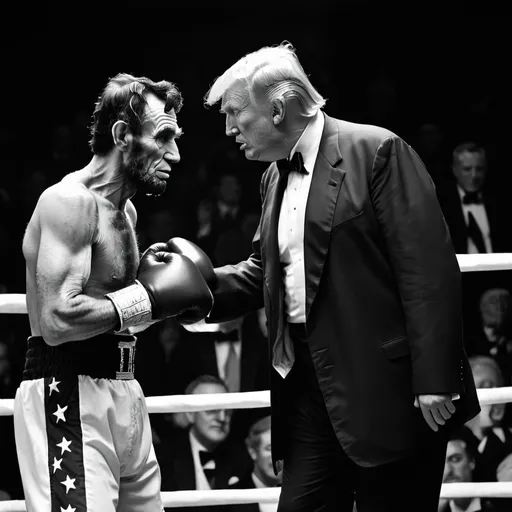 Prompt: Donald Trump, Abraham Lincoln, boxing match, black and white, grainy, celebratory atmosphere, vintage, intense expressions, iconic moment, high contrast, historic, vintage film grain, proud expressions, high quality, black and white, vintage, grainy, celebratory mood, iconic, intense, historic, historic moment, vintage film grain, proud, high contrast, symbolic