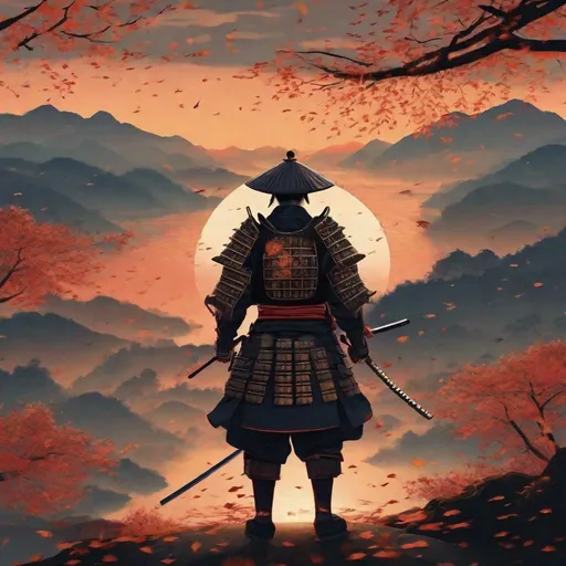 Prompt: a samurai with armor looking at sunset with falling leaves