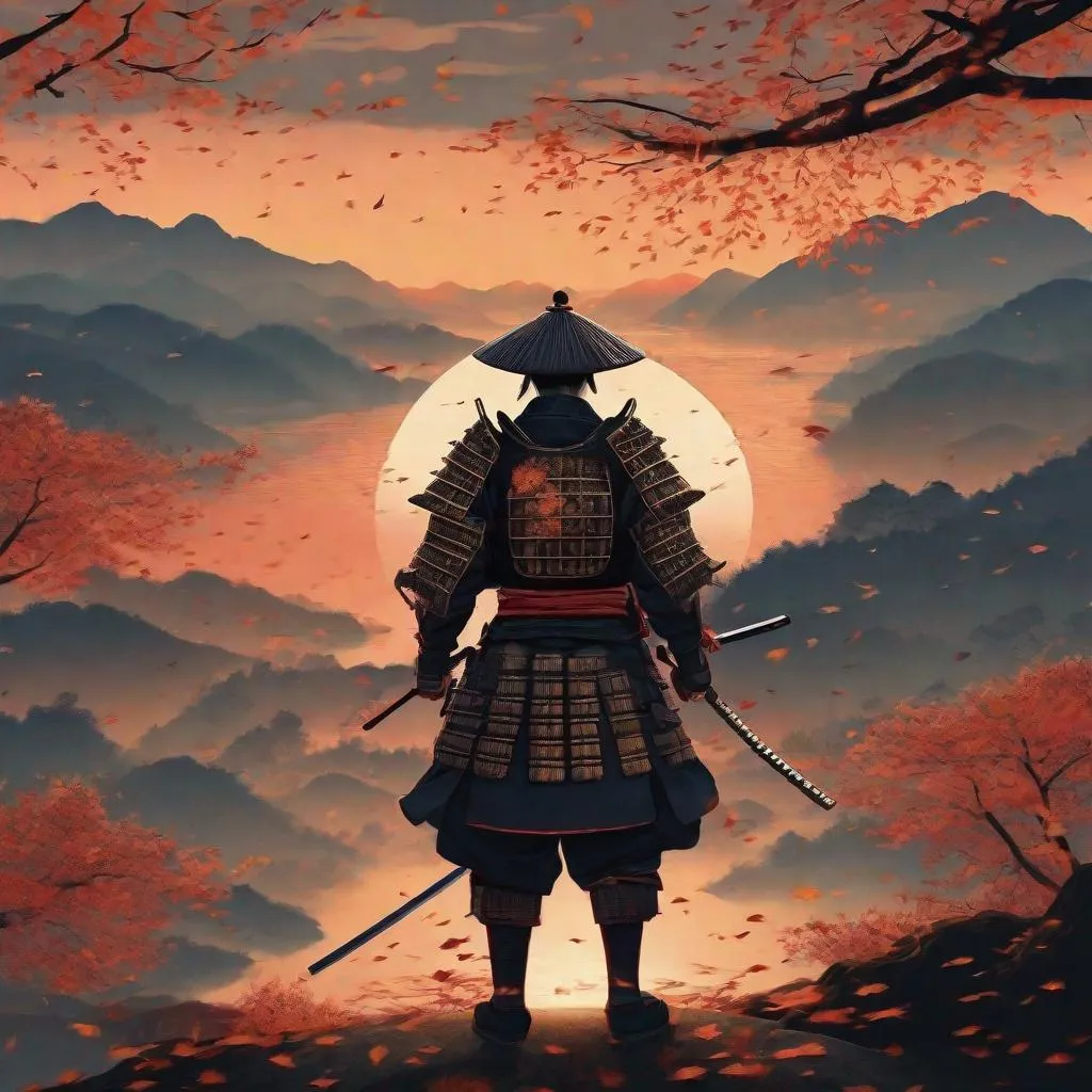 Prompt: a samurai with armor looking at sunset with falling leaves