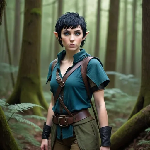 Prompt: young female elf with black hair cut into a pixie cut. intense blue eyes. she’s short and very thin. she’s wearing a fantasy adventurer ranger outfit. full body view. view is in a forest. tousled hair. dirty face. low quality clothes. 