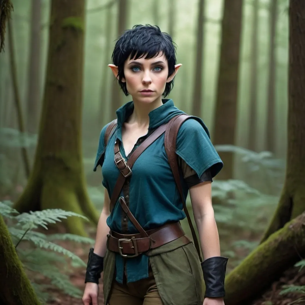 Prompt: young female elf with black hair cut into a pixie cut. intense blue eyes. she’s short and very thin. she’s wearing a fantasy adventurer ranger outfit. full body view. view is in a forest. tousled hair. dirty face. low quality clothes. 