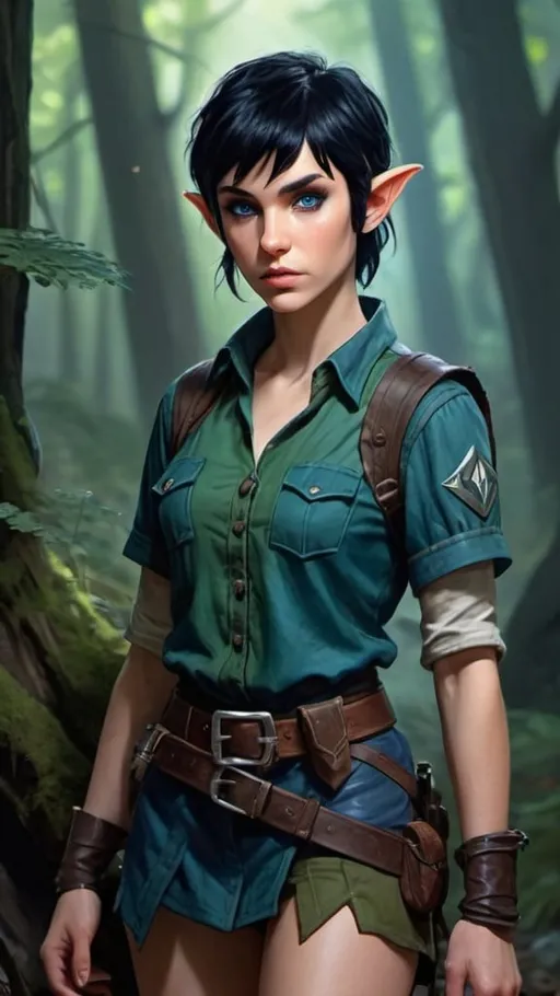 Prompt: dungeons and dragons fantasy art young female elf with black hair cut into a pixie cut. intense blue eyes. she’s short and very thin. she’s wearing a fantasy forest ranger outfit. full body view. view is in a forest. tousled hair. dirty face. low quality clothes. 