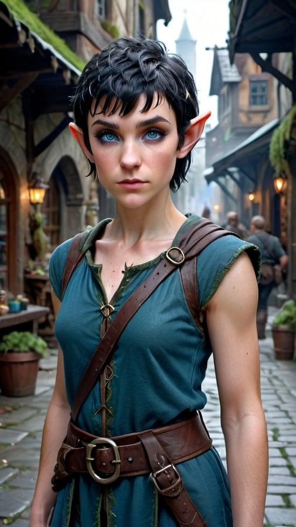Prompt: hyper-realistic young female elf with black hair cut into a pixie cut. intense blue eyes. she’s short and very thin. she’s wearing a fantasy adventurer ranger outfit. full body view. view is in a fantasy city. tousled hair. dirty face. low quality clothes. She has a thin blade on her hip. 