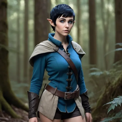 Prompt: hyper-realistic young female elf with black hair cut into a pixie cut. intense blue eyes. she’s short and very thin. she’s wearing a fantasy adventurer ranger outfit. full body view. view is in a forest. tousled hair. dirty face. low quality clothes. 