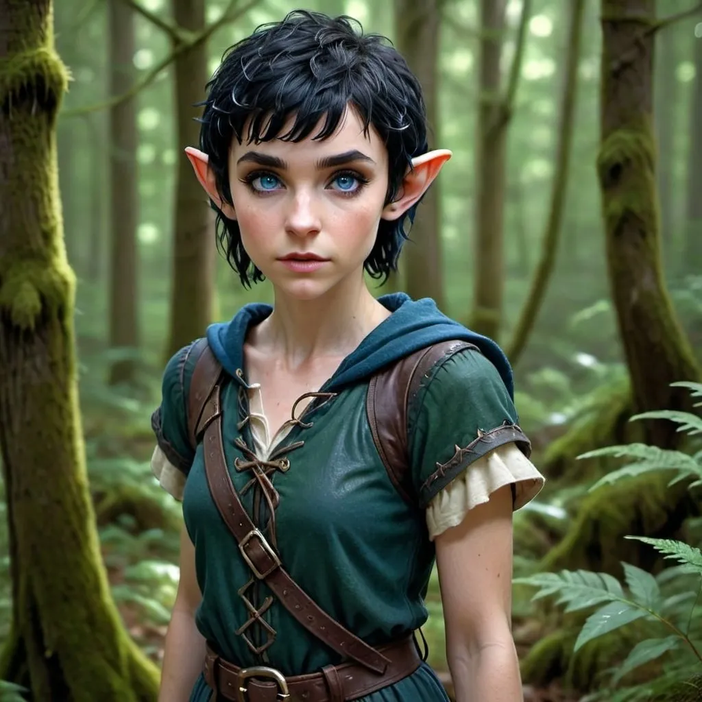Prompt: hyper-realistic young female elf with black hair cut into a pixie cut. intense blue eyes. she’s short and very thin. she’s wearing a fantasy adventurer ranger outfit. full body view. view is in a forest. tousled hair. dirty face. low quality clothes.