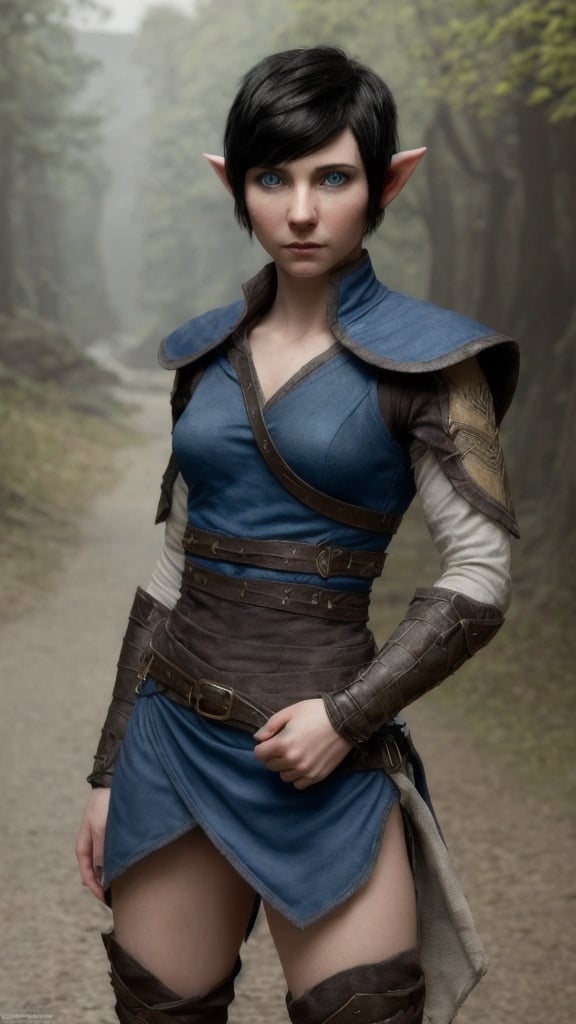 Prompt: hyper-realistic young female elf with black hair cut into a pixie cut. intense blue eyes. she’s short and fit. she’s wearing a fantasy adventurer ranger outfit. full body view. view is in a fantasy street. tousled hair. dirty face. low quality clothes.