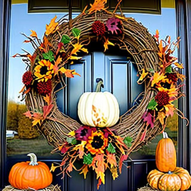 Prompt: A colorful autumn wreath on the front door, adorned with fall leaves, pumpkins, and perhaps a ribbon. Potted mums and decorative gourds placed on either side of the entrance. Hay bales and cornstalks arranged for a rustic touch. Pumpkins of various sizes and colors, including carved jack-o-lanterns and painted pumpkins. Cozy seating with plaid or earth-toned cushions, perfect for enjoying the crisp fall weather. String lights. A "Happy Thanksgiving" sign or banner. A doormat with a seasonal greeting or imagery, like turkeys or cornucopias.