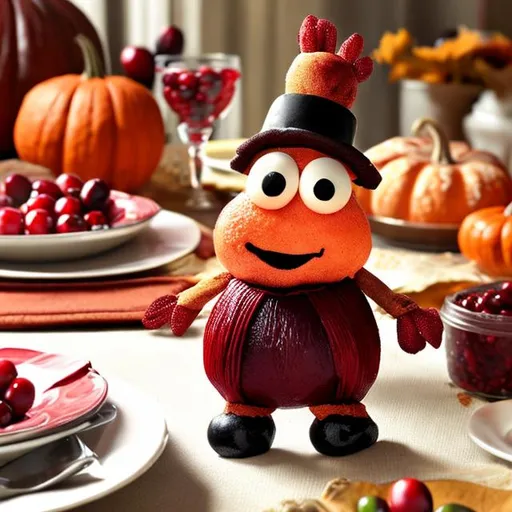 Prompt: A cute happy cranberry sauce character on a Thanksgiving table with friends
