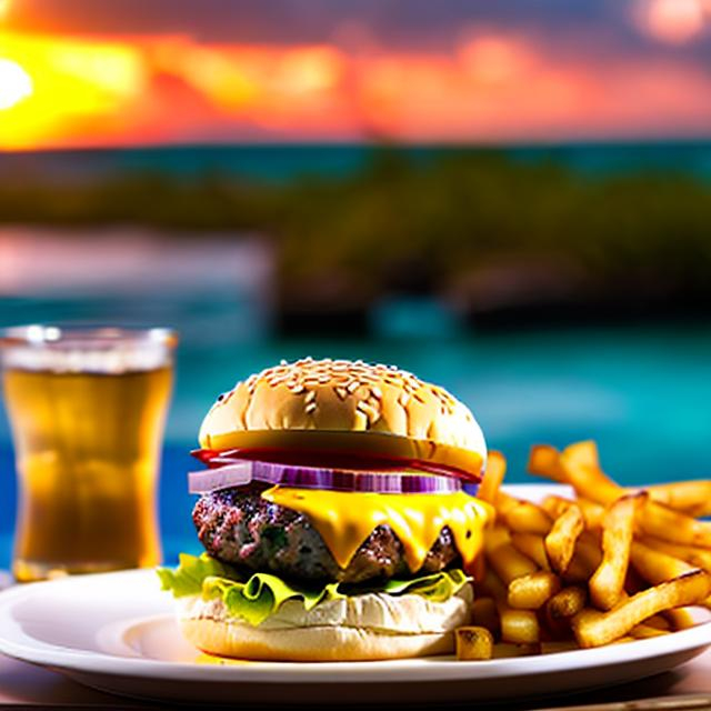 Prompt: Cheeseburgers in paradise at sunset