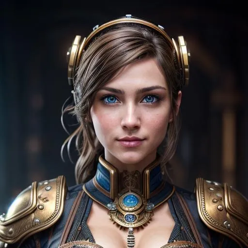 Prompt: Modest steampunk female, light brown hair, blue eyes, mechanical, excited, symmetrical, perfect composition, hyperrealistic, super detailed, 8k, high quality, Splash art, front, epic Instagram, artstation, hyperdetailed intricately detailed, unreal engine, intricate detail, splash screen, complementary colors, concept art, 8k, heavy strokes, splash arts, full height,