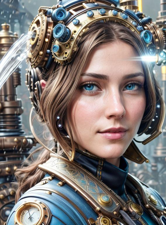 Prompt: Modest steampunk female, light brown hair, blue eyes, mechanical, excited, symmetrical, perfect composition, hyperrealistic, super detailed, 8k, high quality, Splash art, front, epic Instagram, artstation, hyperdetailed intricately detailed, unreal engine, intricate detail, splash screen, complementary colors, concept art, 8k, heavy strokes, splash arts, full height,
