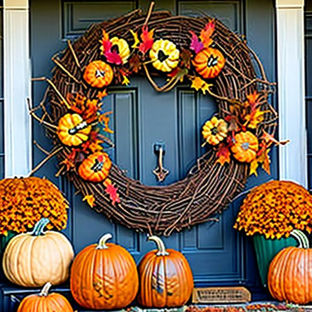 Prompt: A colorful autumn wreath on the front door, adorned with fall leaves, pumpkins, and perhaps a ribbon. Potted mums and decorative gourds placed on either side of the entrance. Hay bales and cornstalks arranged for a rustic touch. Pumpkins of various sizes and colors, including carved jack-o-lanterns and painted pumpkins. Cozy seating with plaid or earth-toned cushions, perfect for enjoying the crisp fall weather. String lights. A "Happy Thanksgiving" sign or banner. A doormat with a seasonal greeting or imagery, like turkeys or cornucopias.