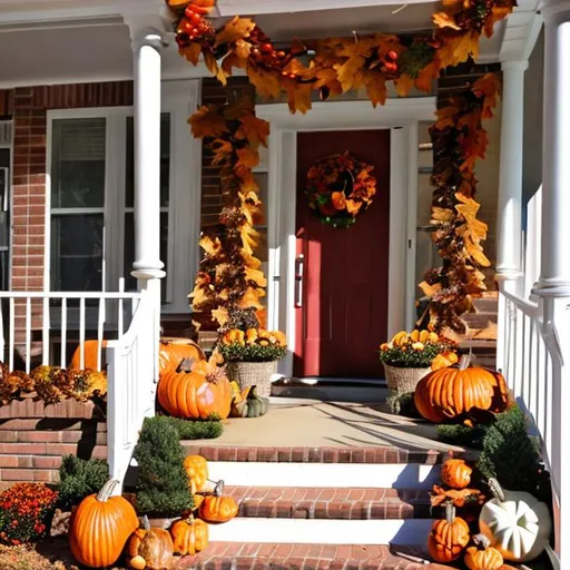 Prompt: Festive front porch decorated for Thanksgiving 