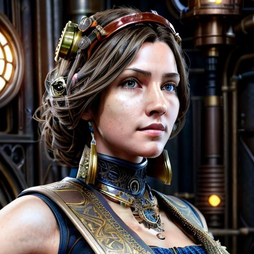 Prompt: Modest steampunk older female, light brown hair, blue eyes, mechanical, excited, symmetrical, perfect composition, hyperrealistic, super detailed, 8k, high quality, Splash art, front, epic Instagram, artstation, hyperdetailed intricately detailed, unreal engine, intricate detail, splash screen, complementary colors, concept art, 8k, heavy strokes, splash arts, full height, Hieronymus Bosch style