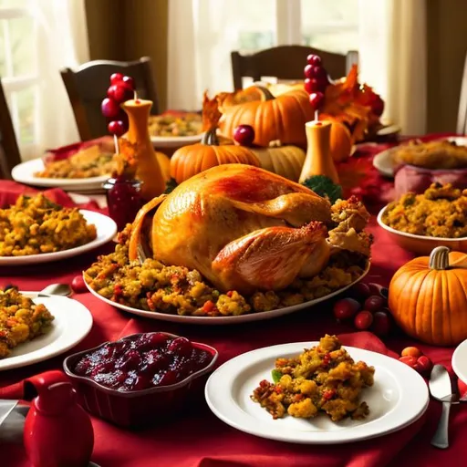 Prompt: Cartoon Thanksgiving food characters on table together, including stuffing and cranberry sauce 
