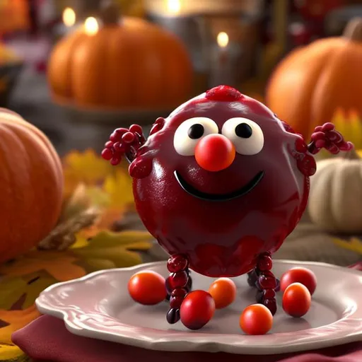 Prompt: A cute happy 3d cranberry sauce character on a Thanksgiving table
