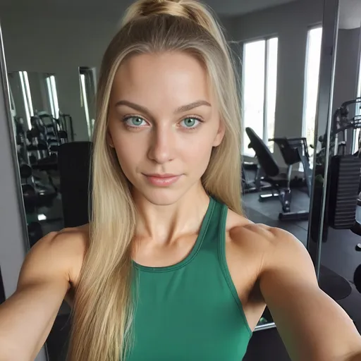 Prompt: Mirror selfie of Olivia Beaufort, a young thin woman with long blond hair and green-hazel eyes, gym mirror, wearing fitness attire