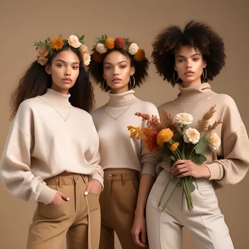 Prompt: Young beautiful (hyper-realistic mixed-race models) in a fashion studio, (Eco-fashion) styled full-sweatered UK clothing adorned with (natural flowers), (earthy beige background) highlighted by (leaves and flowers), (golden hour) natural lighting, soft shadows, serene ambiance, eco-friendly textiles, high quality, ultra-detailed, vibrant yet earthy color palette.