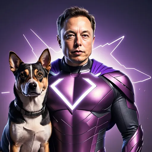 Prompt: Elon Musk in purple superhero suit, DUKO written as a symbol on chest, standing next to a dog, 3D rendering, high-res, superhero, futuristic urban background, sleek and modern design, intense and focused gaze, cool tones, professional lighting