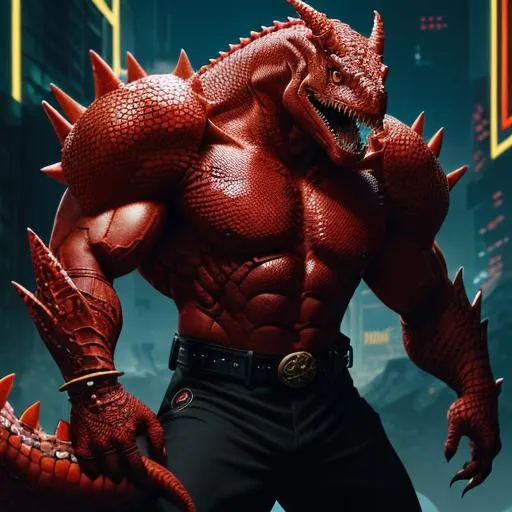 Prompt: Anthropromorphic red crocodile man with a muscular physique and red scales. Black pants and belt. Thick tail Cyberpunk hyperdetailed. Golden reptile eyes. Black claws and teeth. Mythical. Deep Color. 4k resolution  prehistoric 