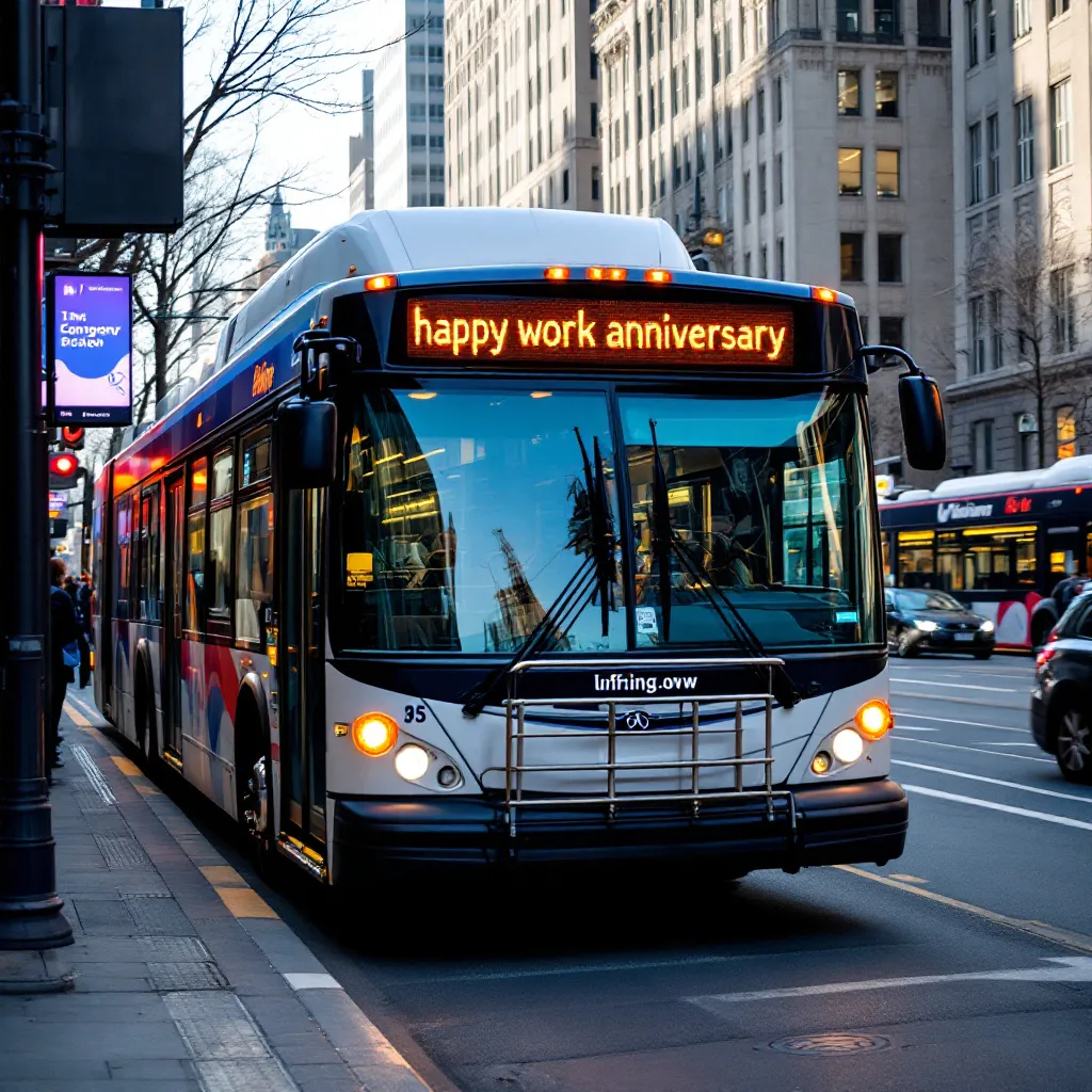 Prompt: A public transit bus that says "happy work anniversary" on the headsign