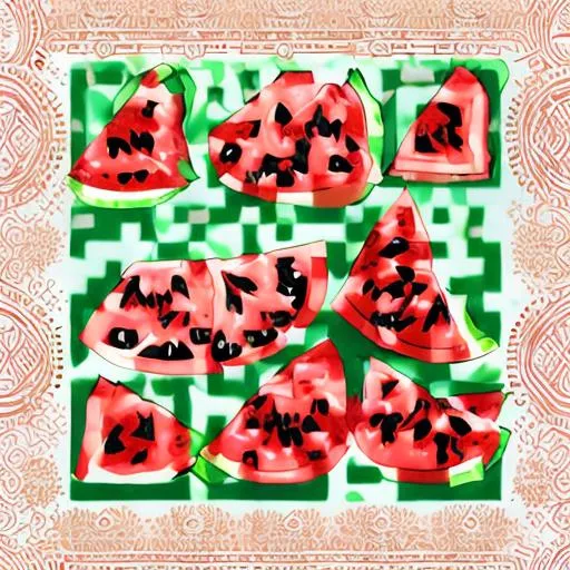 Prompt: Design a Yalda-themed QR code with symbols like pomegranates, watermelon slices, and Persian patterns. Use festive colors (red, green, gold) while keeping it scannable